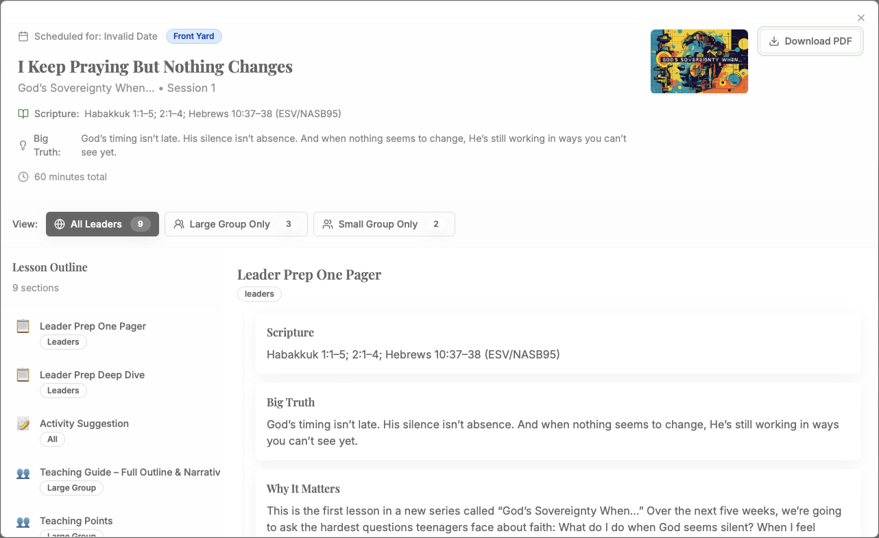 Leader prep one-pager showing scripture, big truth, lesson outline, and teaching guide sections